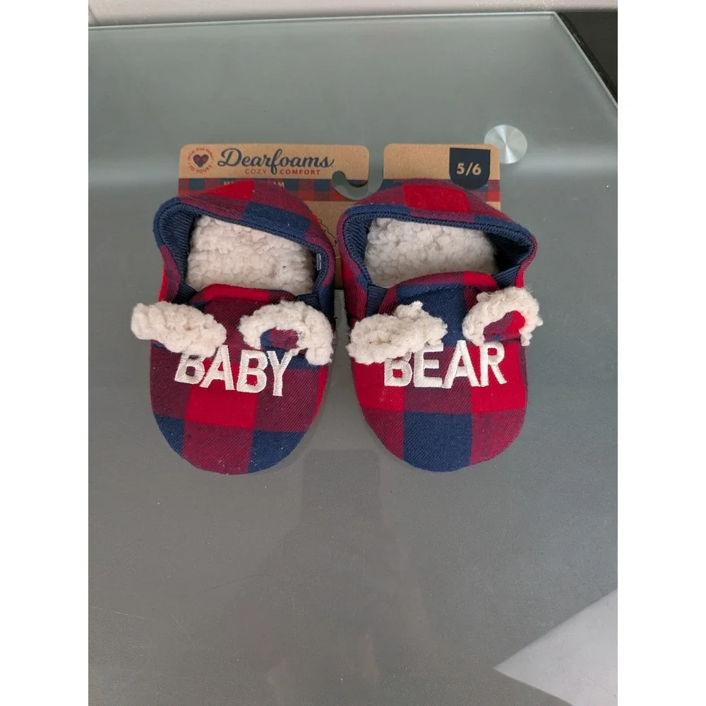Dearfoams Baby Bear Plaid Slippers Red Navy Blue Buffalo Check Memory Foam 5-6